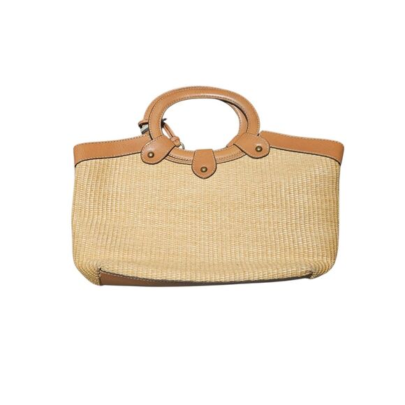 Vtg Fossil Purse Beige Straw Woven Bag Handbag Wooden Handle Boho Floral Beaded - Picture 2 of 13